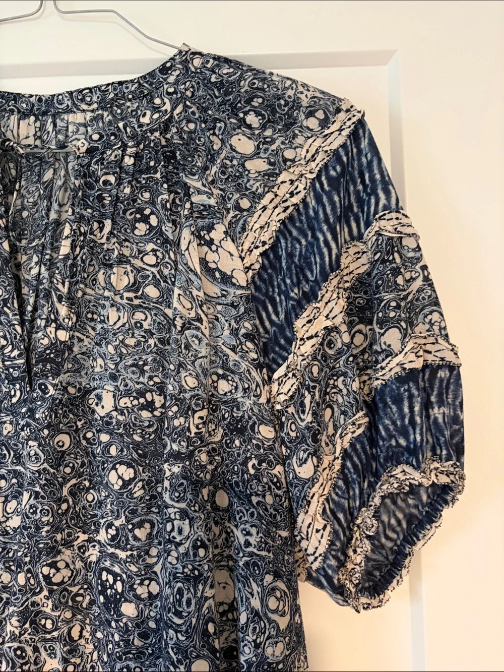 Ulla Johnson Women's Navy Blue Printed Puff Sleeve Top
